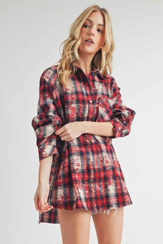 Aemi + Co Washed Plaid Button Up Raglan Sleeve Flannel Shirt - Damned Threads