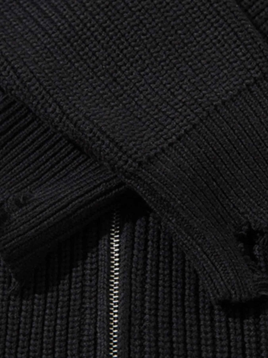 Men's Distressed Hem Ribbed Knit Zip-Up Cardigan