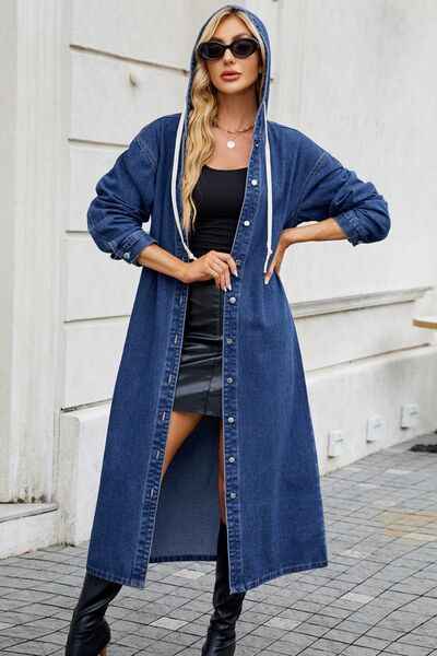 Button Up Long Sleeve Longline Hooded Denim Outerwear - Damned Threads