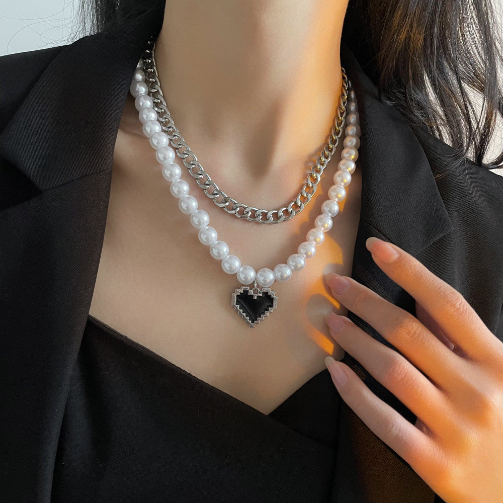 Double-Layer Chain & Pearl Heart Pendant Necklace - Damned Threads
