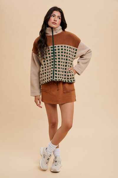 Annie Wear Plaid Zip Up Drop Shoulder Sherpa Jacket - Damned Threads