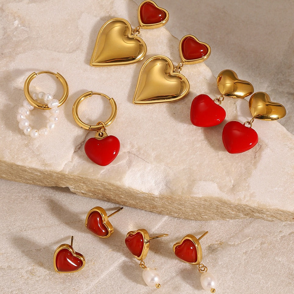 18K Gold Heart-Shaped Earrings With Oil Drop Design - Damned Threads