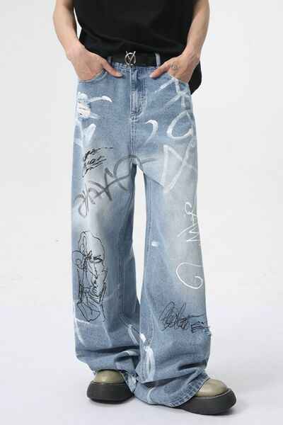 Mid Rise Graffiti Print Distressed Wide Leg Jeans - Damned Threads