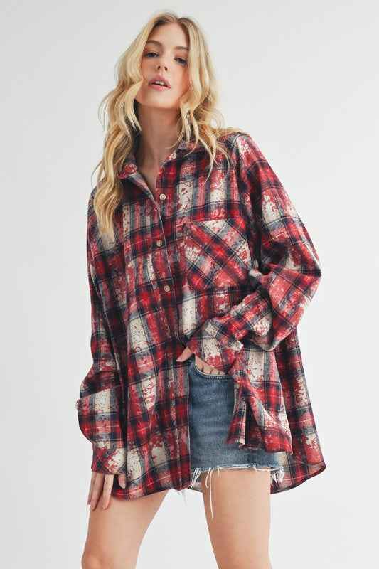 Aemi + Co Washed Plaid Button Up Raglan Sleeve Flannel Shirt - Damned Threads