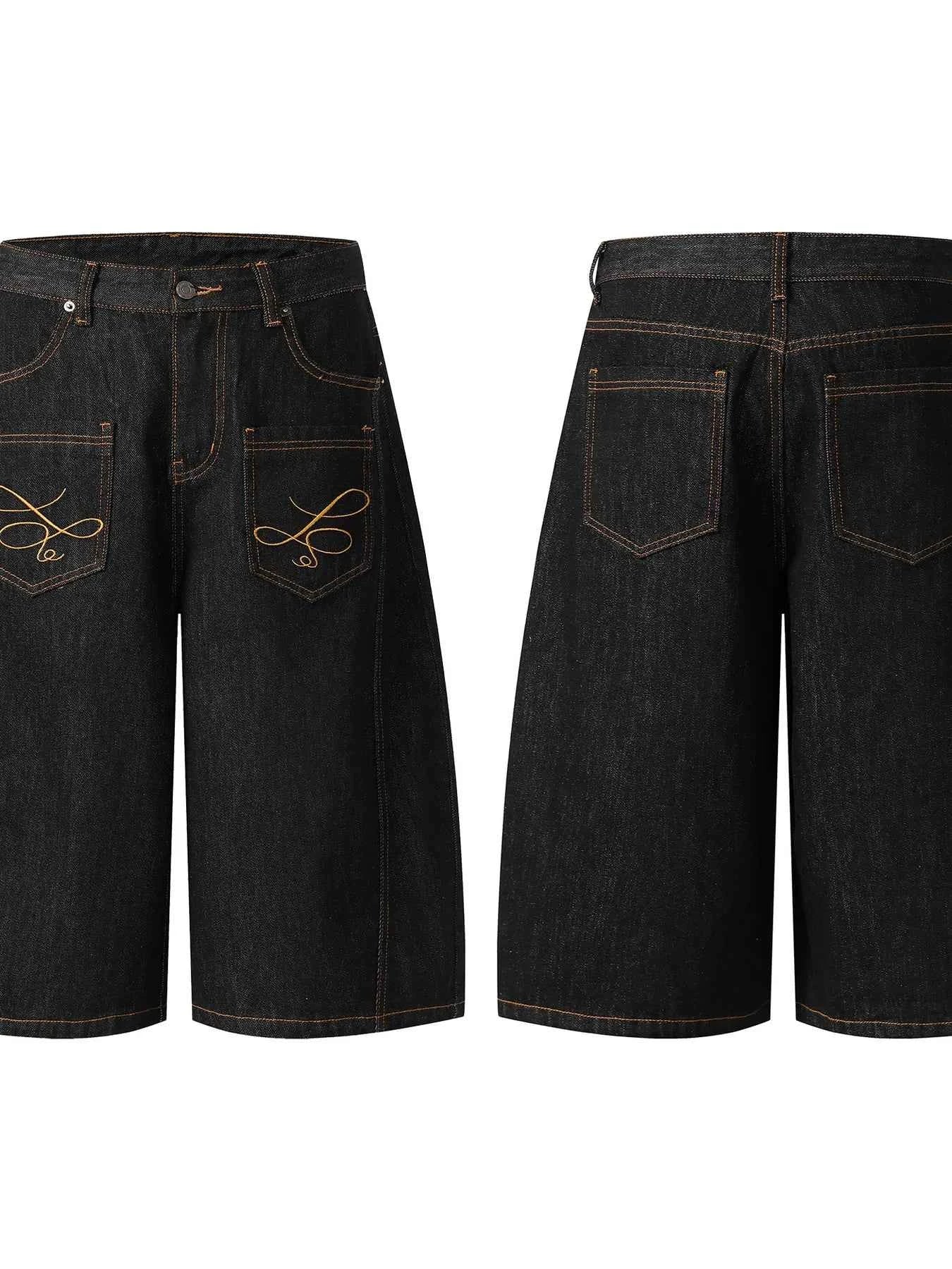 Men's Wide Leg Denim Shorts with Embroidered Pocket Detail
