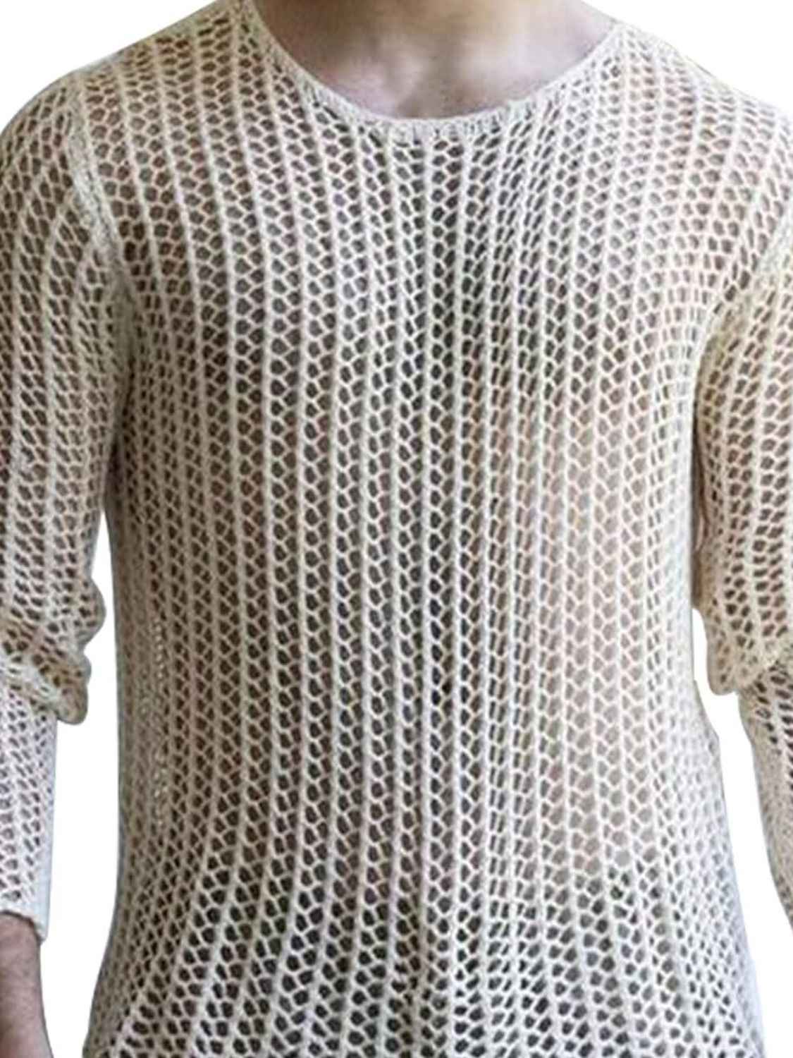 Men's Full Size Hollow Out Round Neck Long Sleeve Top Plus Size - Damned Threads