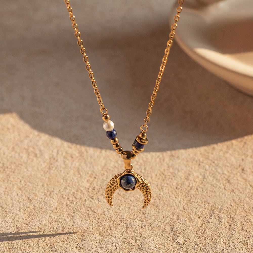 Inlaid Pearl Lapis Lazuli Horn Pendant Necklace - Damned Threads