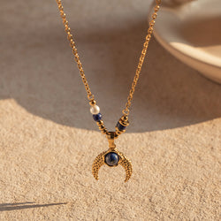Inlaid Pearl Lapis Lazuli Horn Pendant Necklace - Damned Threads
