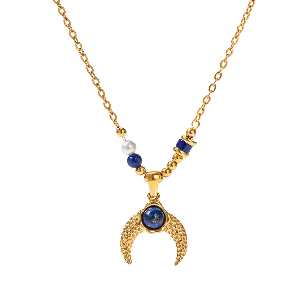 Inlaid Pearl Lapis Lazuli Horn Pendant Necklace - Damned Threads