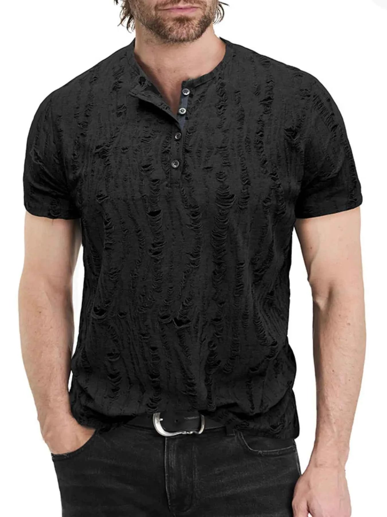 Men's Distressed Henley Short Sleeve Top