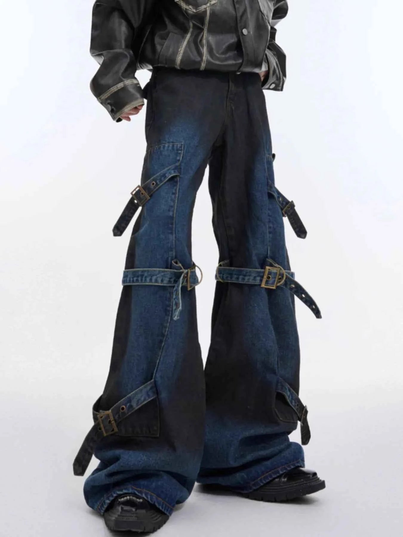 Men's Plus Size Buckle Strap Washed Flare Jeans