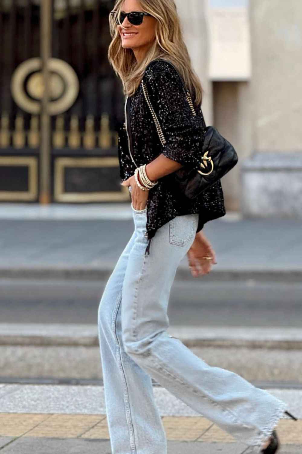 Sequin Zip Up Long Sleeve Jacket - Damned Threads