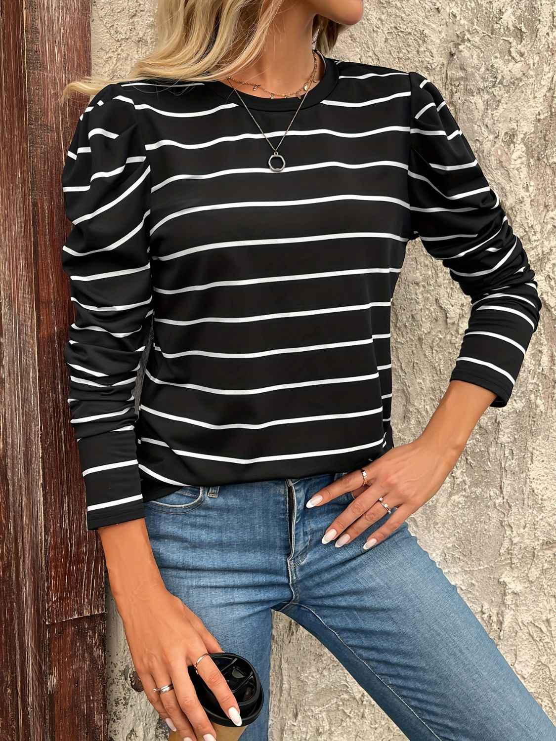Full Size Striped Round Neck Puff Sleeve T-Shirt - Damned Threads