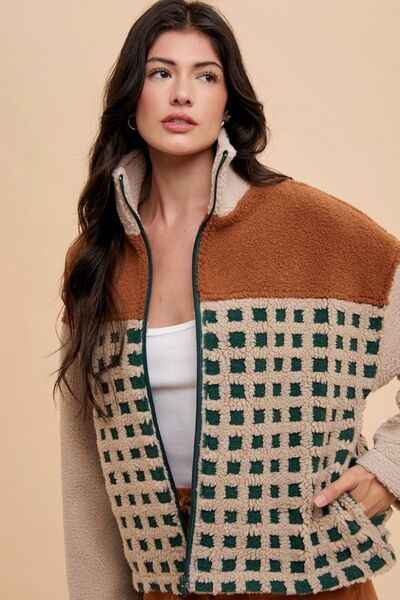 Annie Wear Plaid Zip Up Drop Shoulder Sherpa Jacket - Damned Threads