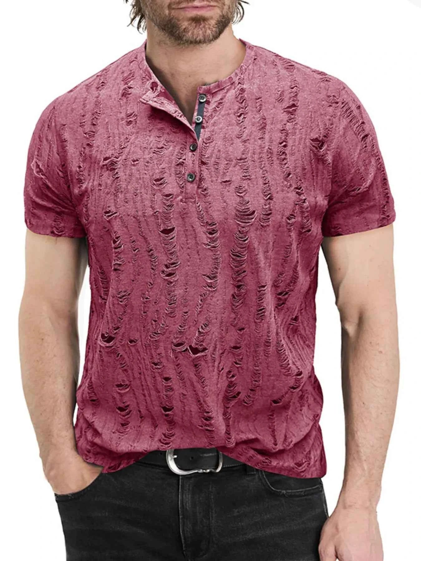 Men's Distressed Henley Short Sleeve Top