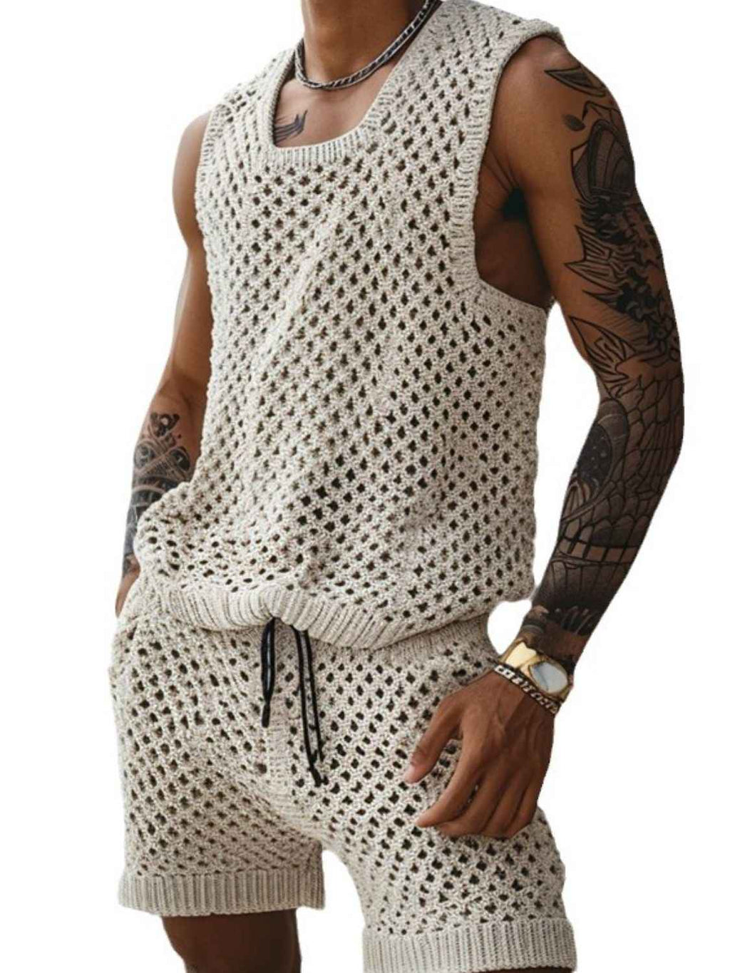 Men's Plus Size Hollow Out Round Neck Tank and Shorts Set - Damned Threads
