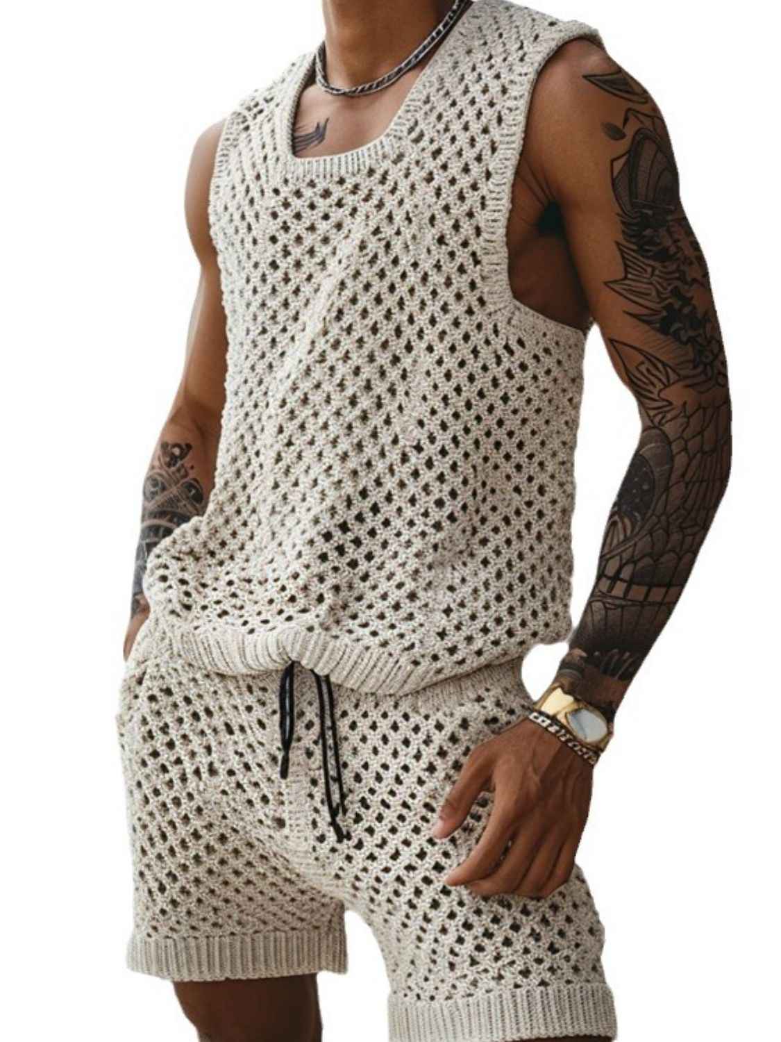 Men's Plus Size Hollow Out Round Neck Tank and Shorts Set - Damned Threads