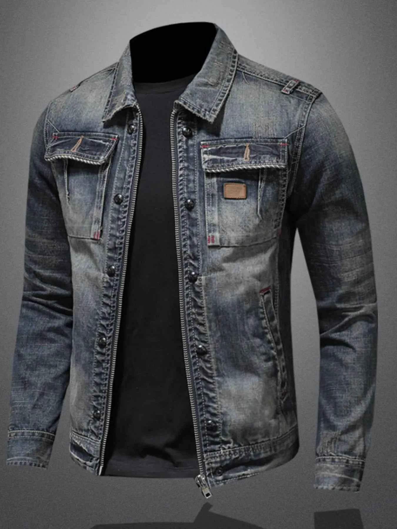Men's Plus Size Washed Zip Up Denim Jacket with Chest Pockets