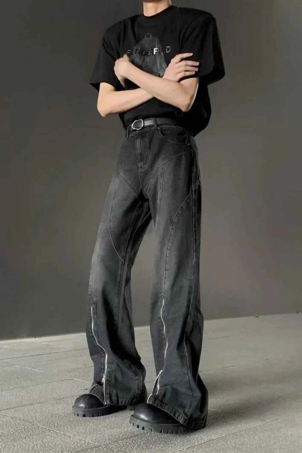 Men's Plus Size Washed Flare Jeans with Zipper Detail