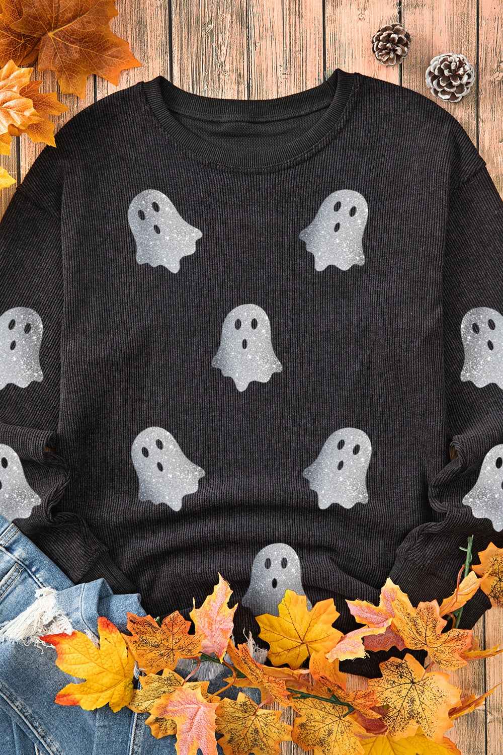 Glitter Ghost Round Neck Long Sleeve Sweatshirt - Damned Threads