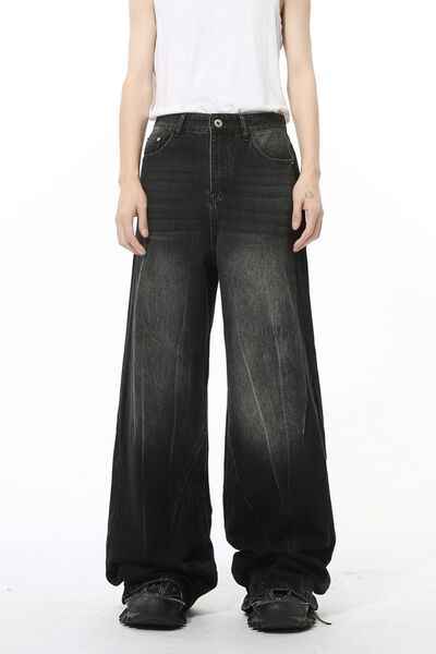 Washed Lightning Pattern Wide Leg Jeans - Damned Threads