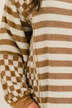 Plus Size Stripes & Checker Round Neck Long Sleeve Top - Damned Threads