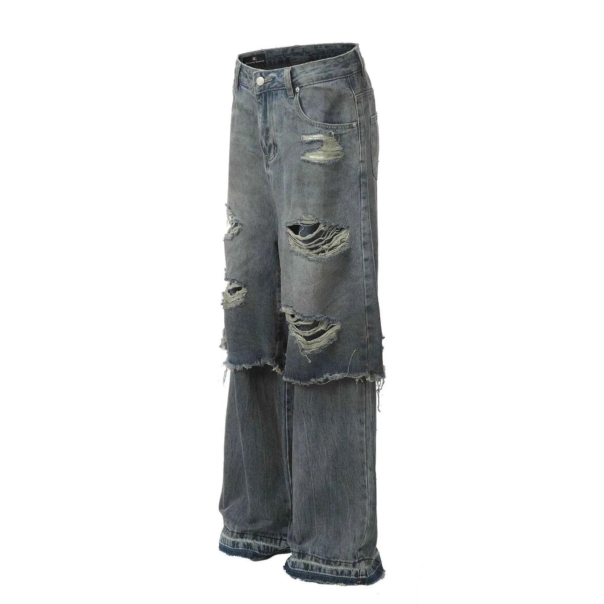 Men's Distressed Wide Leg Layered Denim Jeans