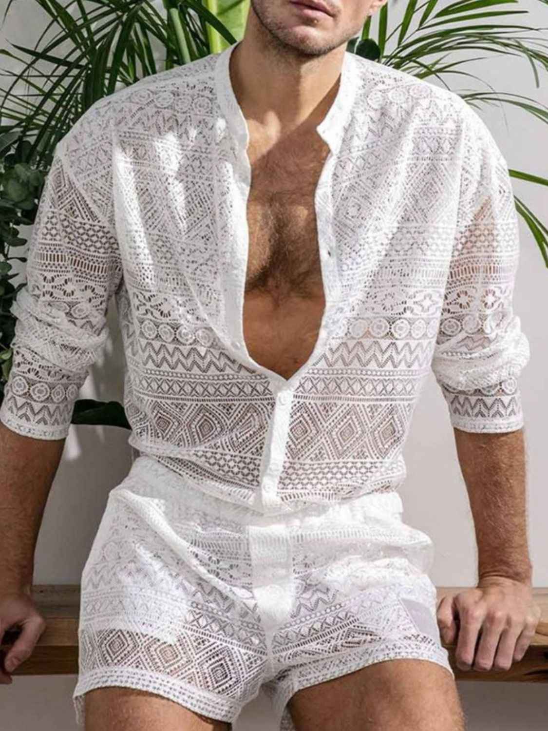 Men's Full Size Lace Button Down Top and Shorts Set Plus Size - Damned Threads