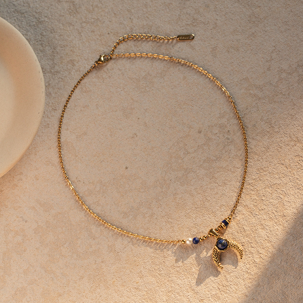 Inlaid Pearl Lapis Lazuli Horn Pendant Necklace - Damned Threads