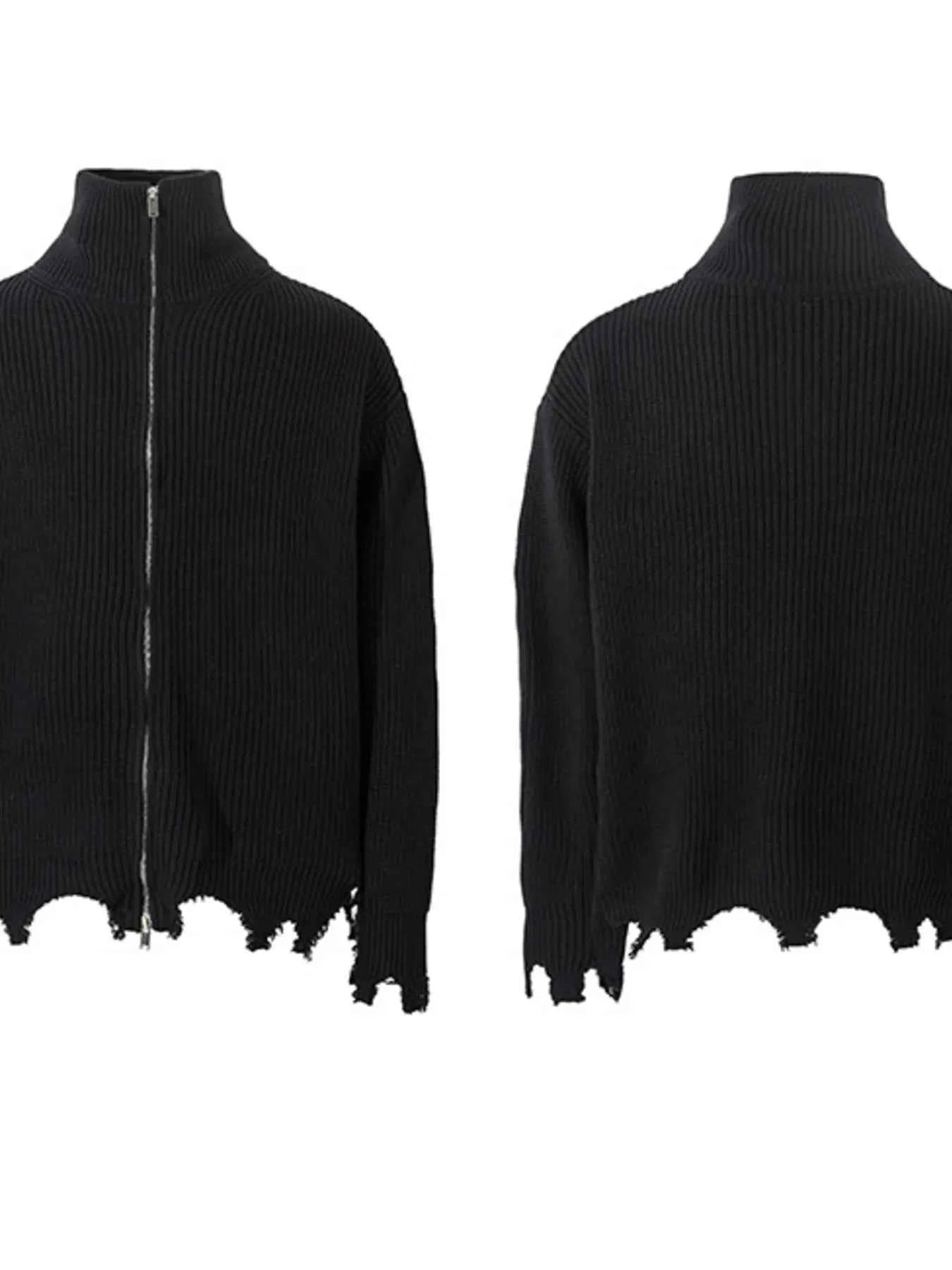 Men's Distressed Hem Ribbed Knit Zip-Up Cardigan