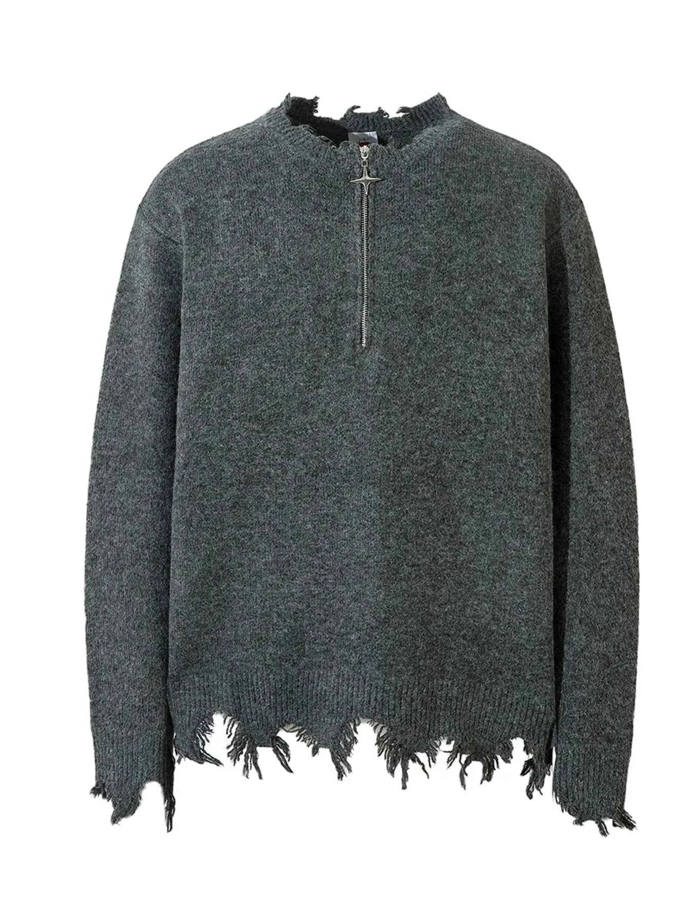 Men's Distressed Hem Half-Zip Sweater