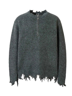 Men's Distressed Hem Half-Zip Sweater