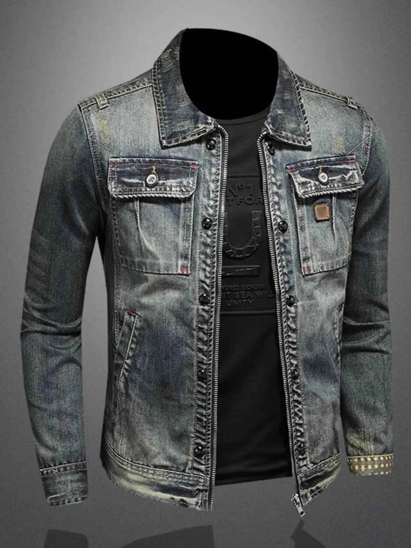 Men's Plus Size Vintage Washed Zip Up Denim Jacket