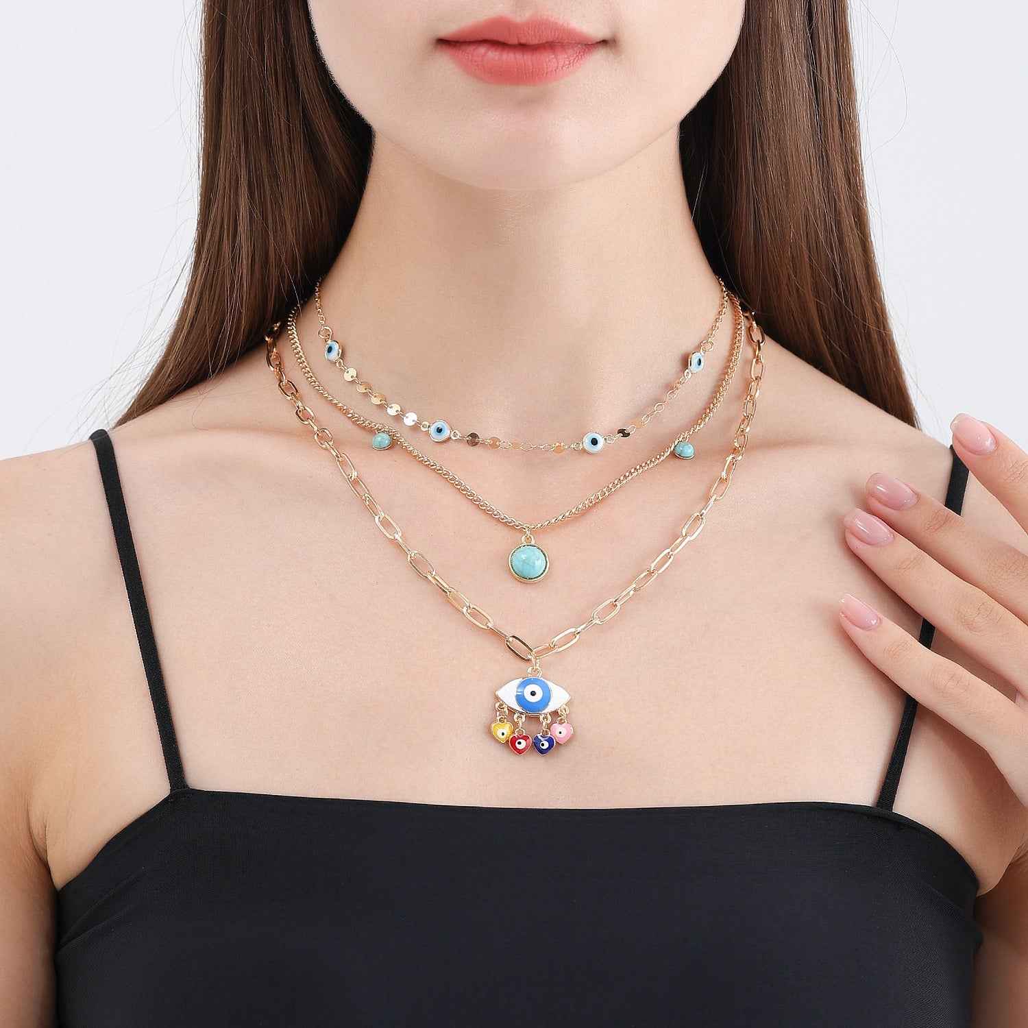 18K Gold Multi-Layer Chain With Devil's Eye AKA (Evil Eye) - Wards Off Evil - Damned Threads