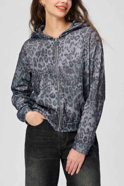 Pocketed Leopard Zip Up Hooded Jacket - Damned Threads