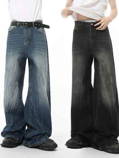 Washed Lightning Pattern Wide Leg Jeans - Damned Threads