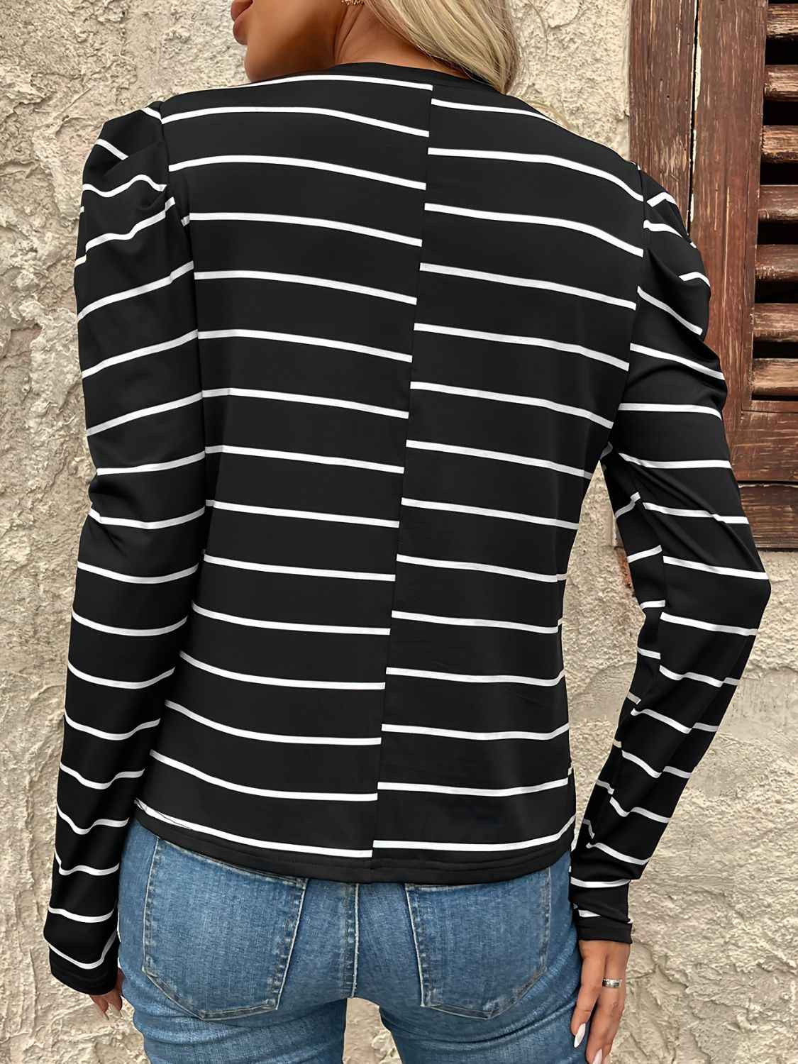 Full Size Striped Round Neck Puff Sleeve T-Shirt - Damned Threads
