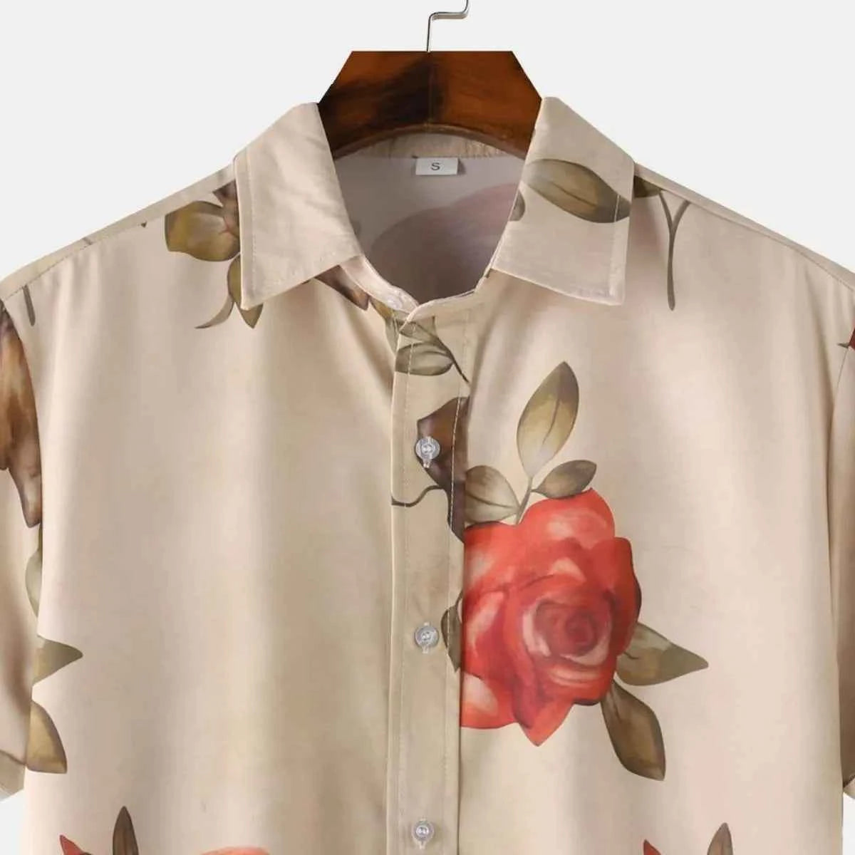 Men's Rose Print Short Sleeve Button Down Shirt