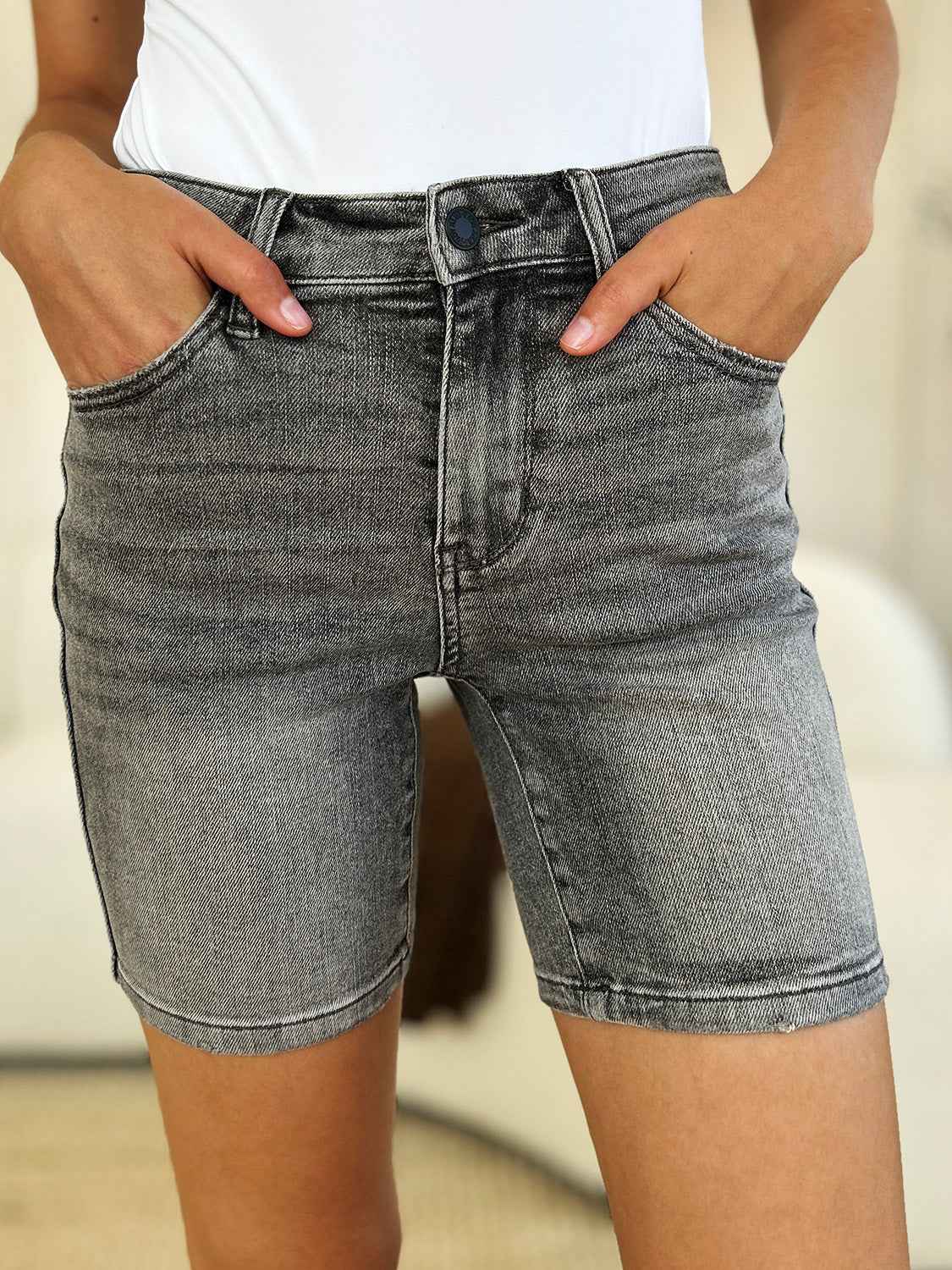 Judy Blue Full Size High Waist Washed Denim Shorts - Damned Threads