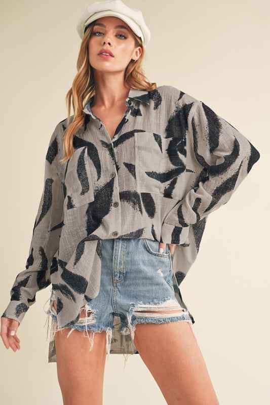 Aemi + Co High-Low Printed Button Up Long Sleeve Shirt - Damned Threads