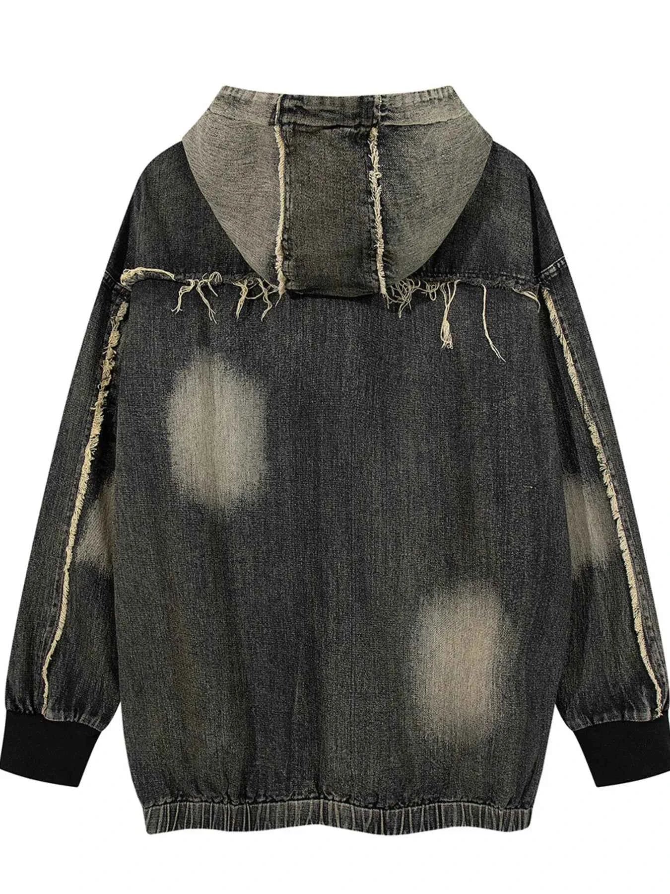 Men's Distressed Denim Patchwork Oversized Hoodie with Frayed Details
