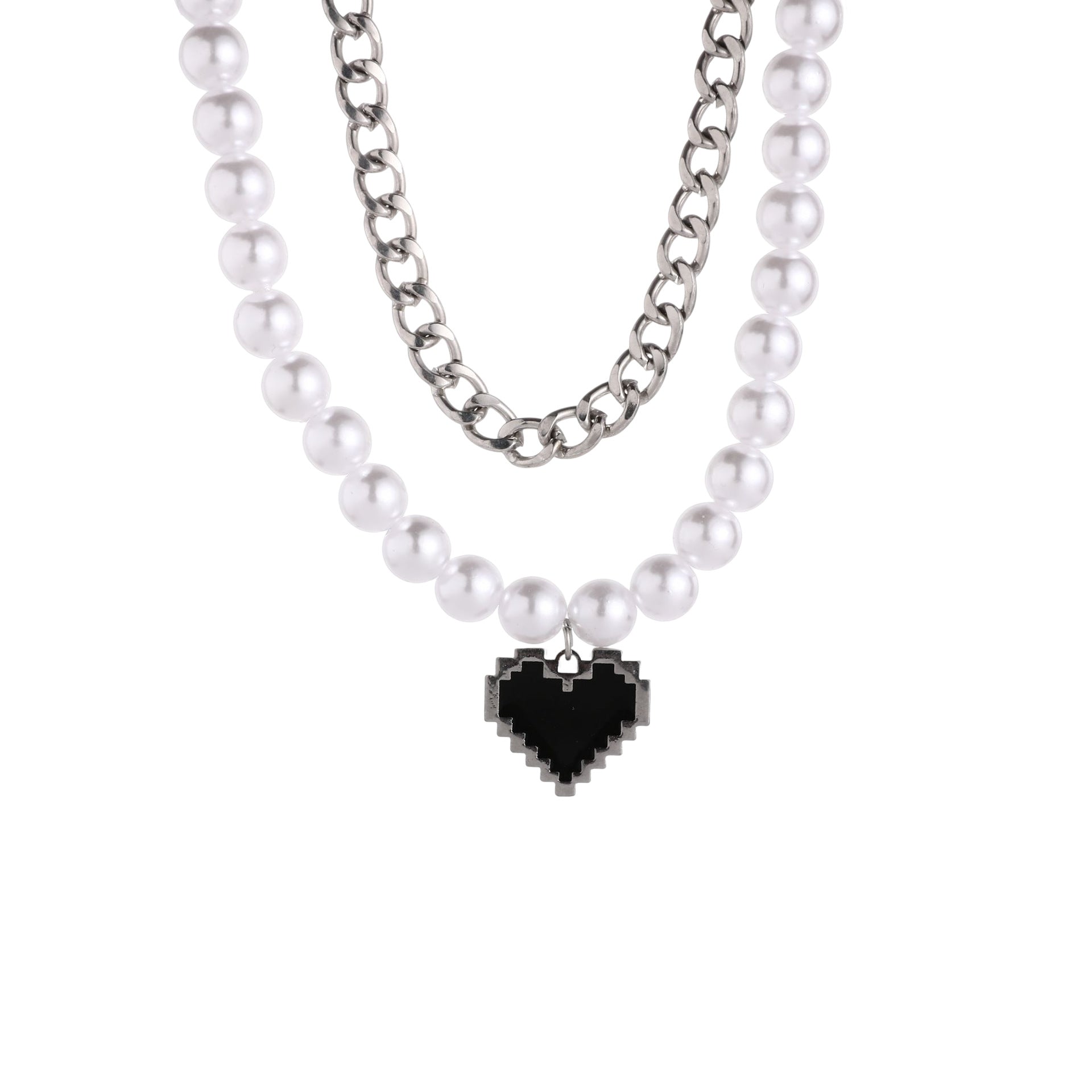 Double-Layer Chain & Pearl Heart Pendant Necklace - Damned Threads