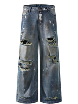 Men's Distressed Washed Wide Leg Jeans