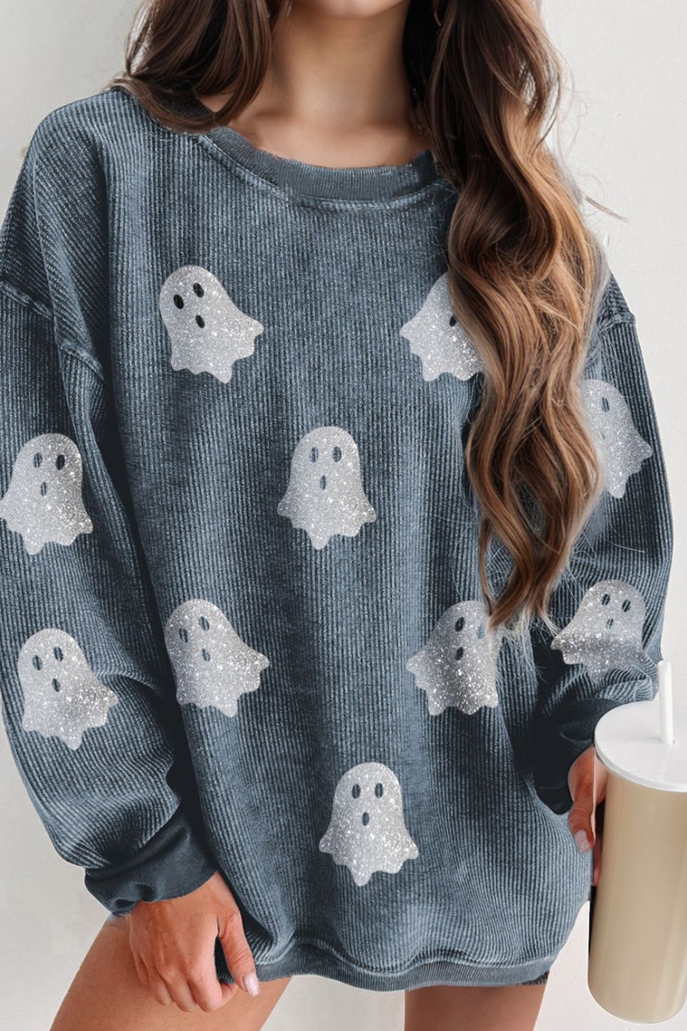 Glitter Ghost Round Neck Long Sleeve Sweatshirt - Damned Threads