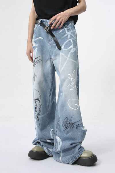Mid Rise Graffiti Print Distressed Wide Leg Jeans - Damned Threads
