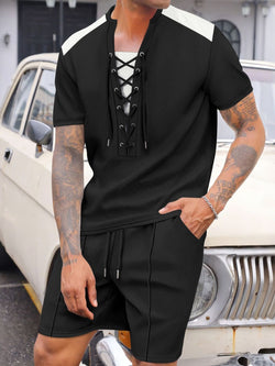 Men's Full Size Lace-Up Waffle Knit Top and Shorts Set Plus Size - Damned Threads