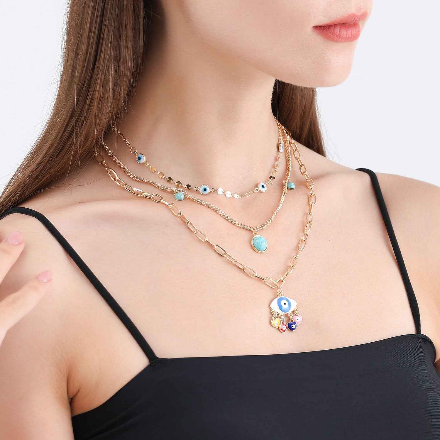 18K Gold Multi-Layer Chain With Devil's Eye AKA (Evil Eye) - Wards Off Evil - Damned Threads