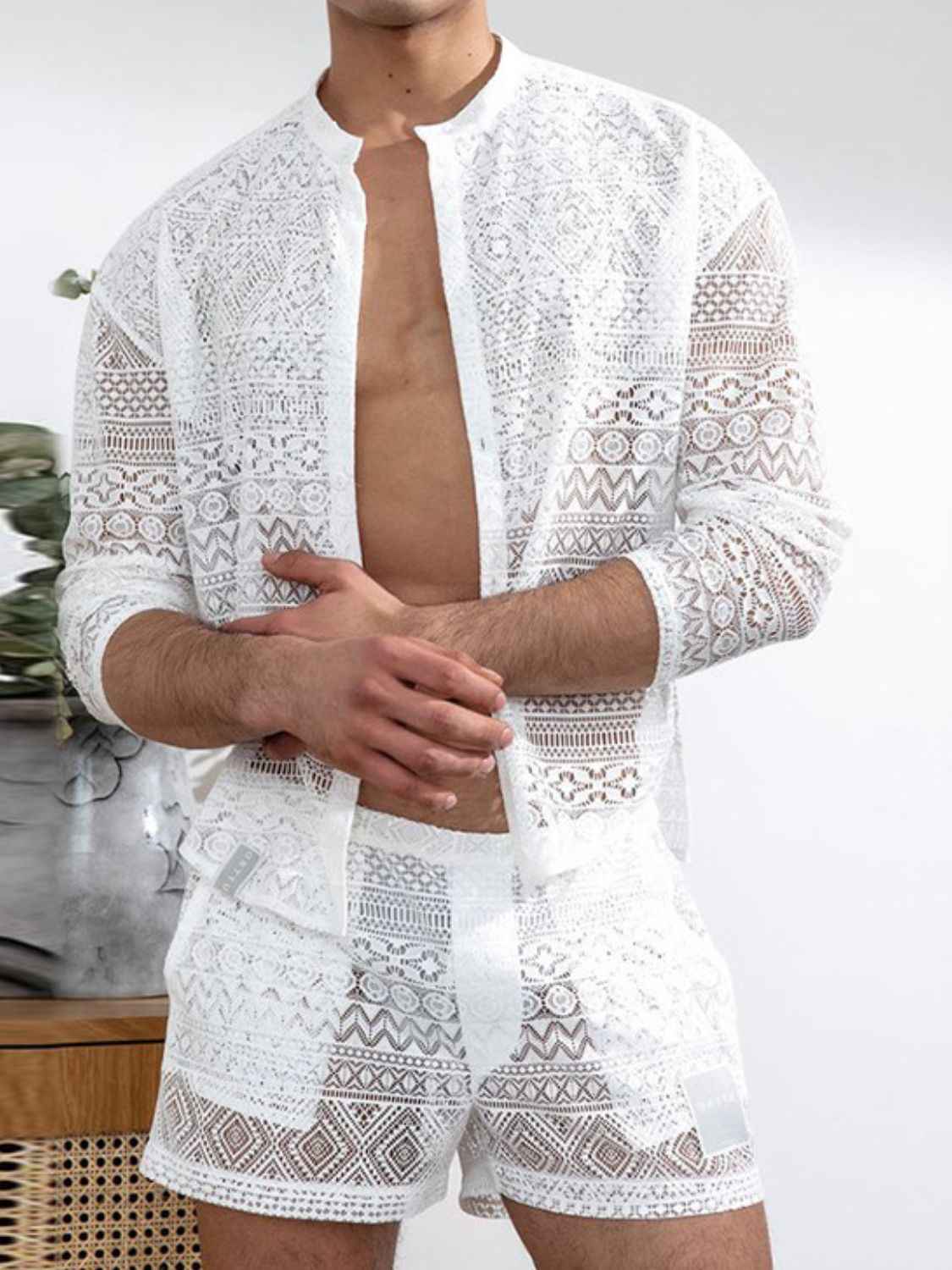 Men's Full Size Lace Button Down Top and Shorts Set Plus Size - Damned Threads