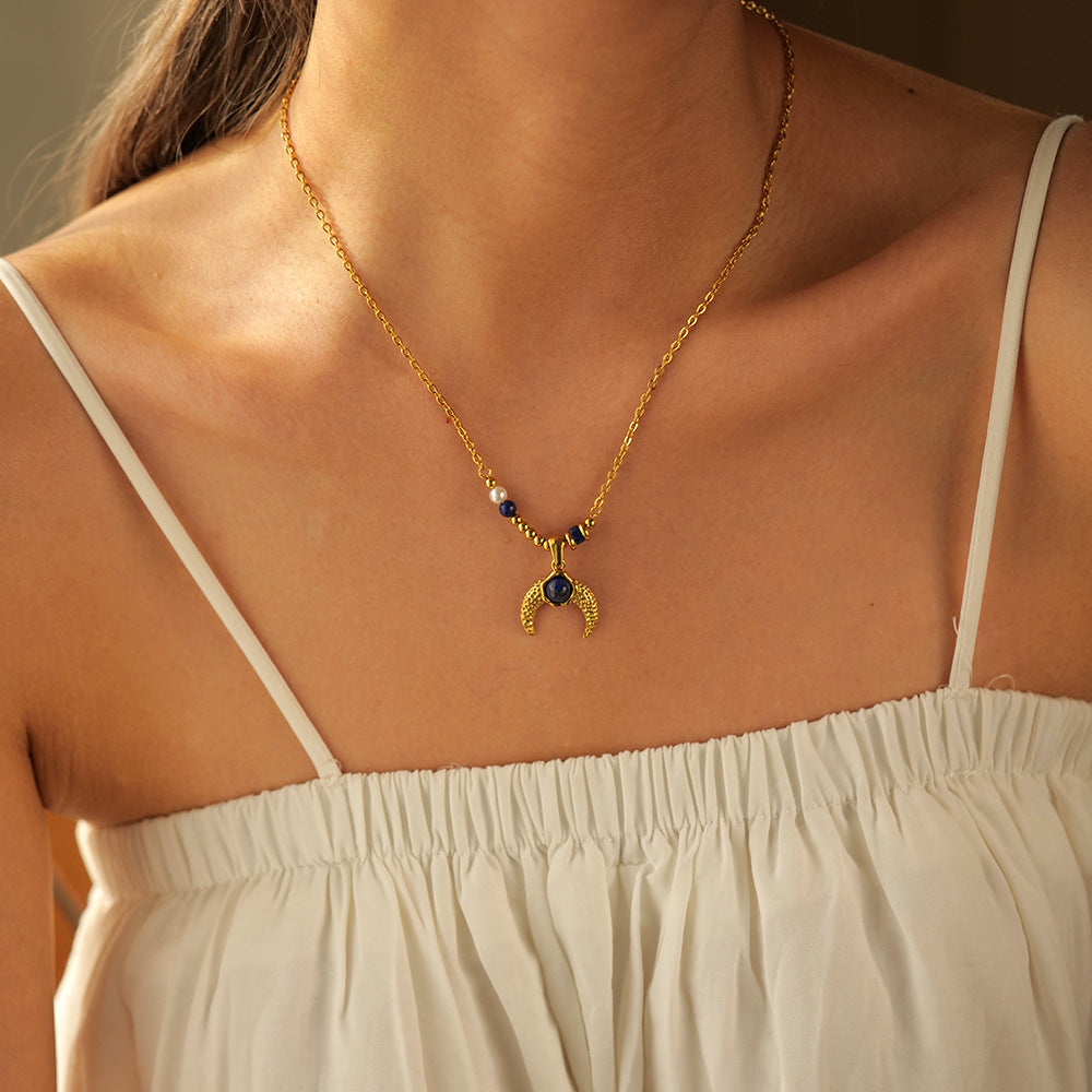 Inlaid Pearl Lapis Lazuli Horn Pendant Necklace - Damned Threads