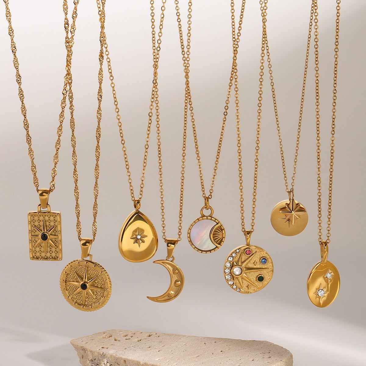 18K Gold Moon And Star Inlaid Gemstone Necklace - Damned Threads